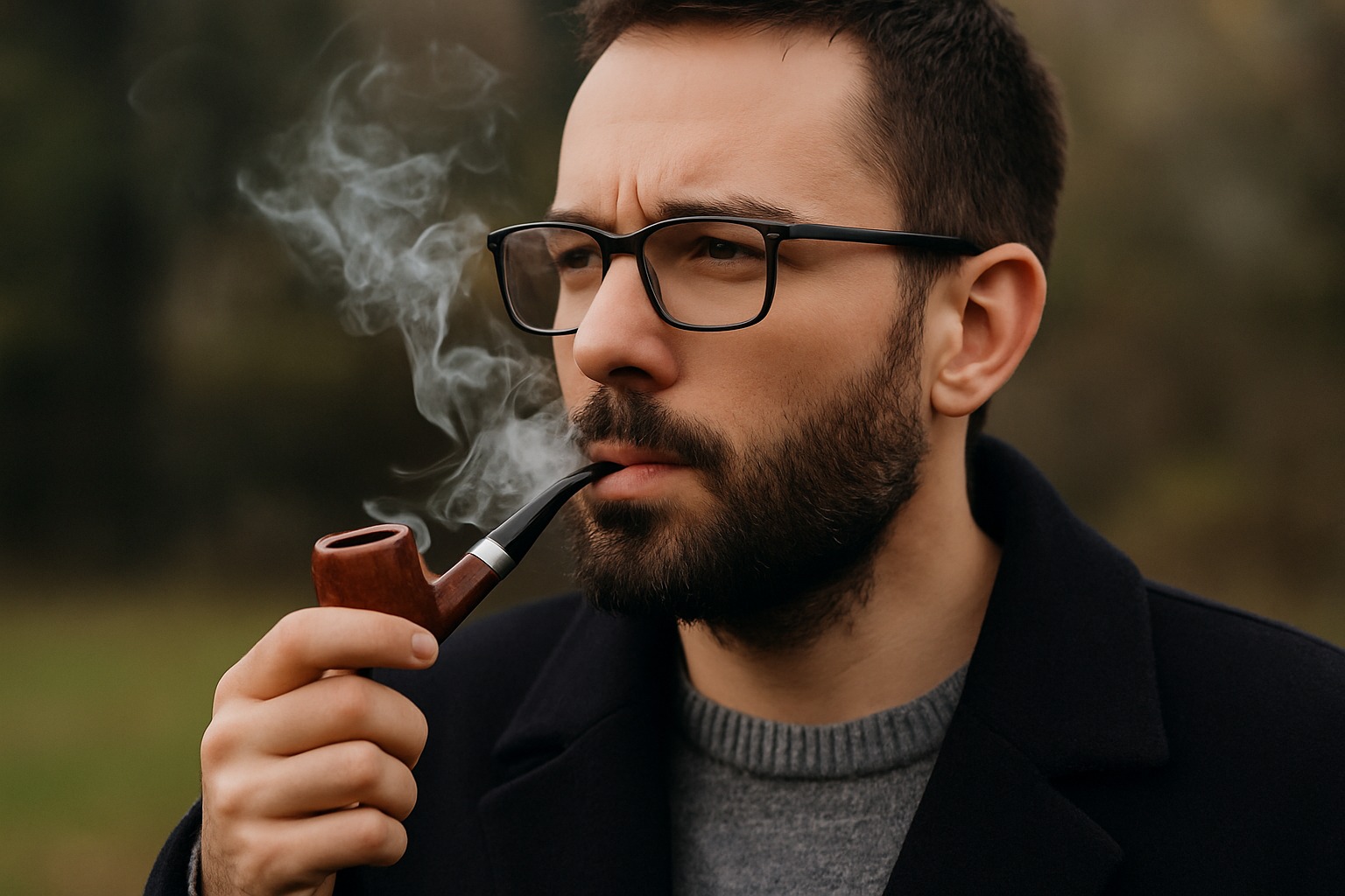 Man smoking a Chacom pipe outdoors, wearing glasses and a dark coat.